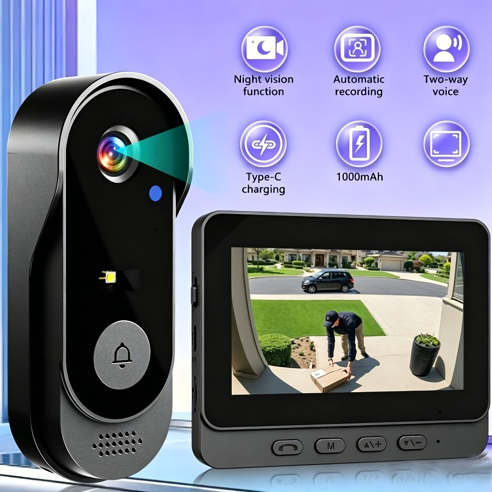 2.4G Direct Connect Video Doorbell with 4.3" Color Monitor - No WiFi No App, Two-Way Audio, 120° Wide Angle, Waterproof, 128GB SD, 6+ Month Battery Life, Color Night Vision, Rechargeable