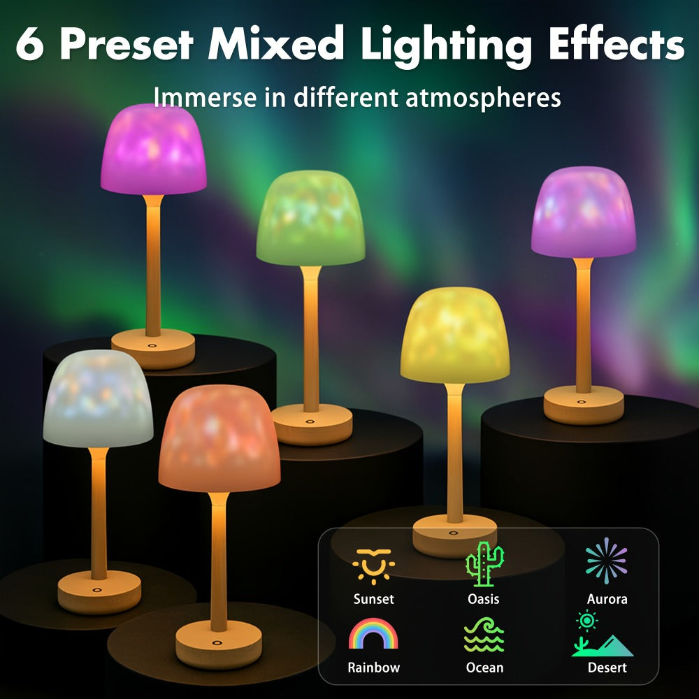 Ocean Wave LED Projector Lamp – 16 Color Rechargeable Cordless Night Light with Remote, Water Ripple Atmosphere Lamp for Bathroom Bedroom, Portable Table Lamp, RGB & Wood Base Options