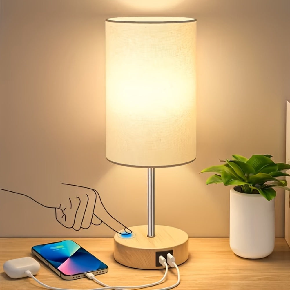 Bedside Table Lamp with USB-C Charging Port – 3-Way Dimmable Touch Lamp, Wood Base Round Burlap Shade, Small Nightstand Desk Light with AC Outlet & A19 LED Bulb Included for Bedroom Living Room Office