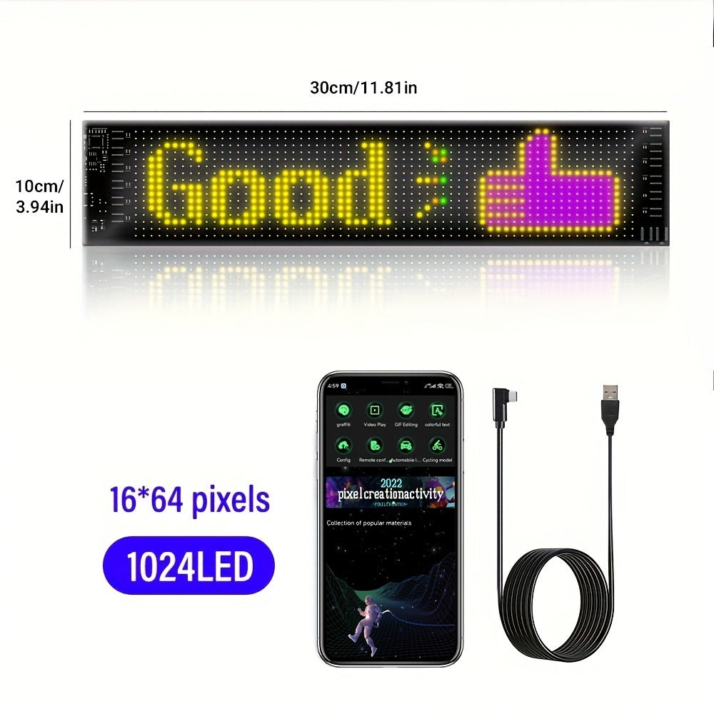RGB LED Pixel Display Wall Art App Control USB Powered - Colorful Programmable Flexible Soft Screen Custom Text & Patterns for Game Room Streaming Setup Store Sign Car Window Dimmable Decoration 32x16 64x16