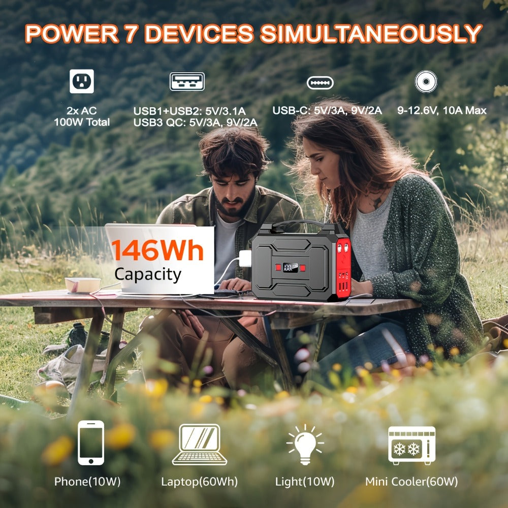 100W 146Wh Portable Power Station Solar Generator with 40W Foldable Solar Panel, 146Wh Backup Battery for Camping Hiking RV Emergency, AC DC USB USB-C Output, LED Flashlight, Fast US Shipping