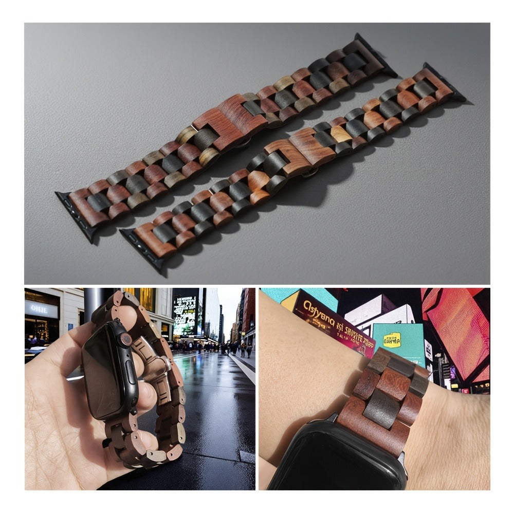 Wood Apple Watch Band Natural Walnut & Blackwood Replacement Strap – Lightweight Adjustable Buckle, Compatible with Apple Watch Series 3–10 SE Ultra 38 40 41 42 44 45 49mm – Dark Brown Black Mixed