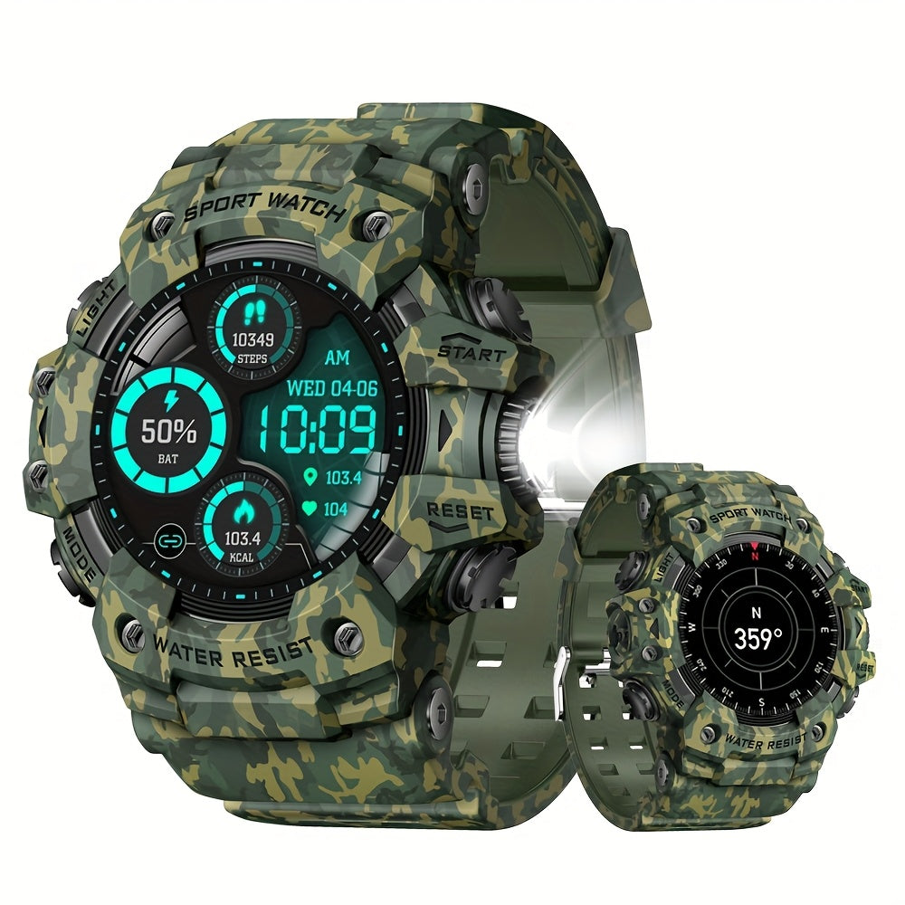 Tactical Smartwatch for Men, LED Flashlight & SOS Emergency, 1.32" TFT Screen, Bluetooth Calling, 100+ Sport Modes, Heart Rate SpO2 Sleep Tracker, Camouflage & Matte Colors – iPhone & Android Compatible