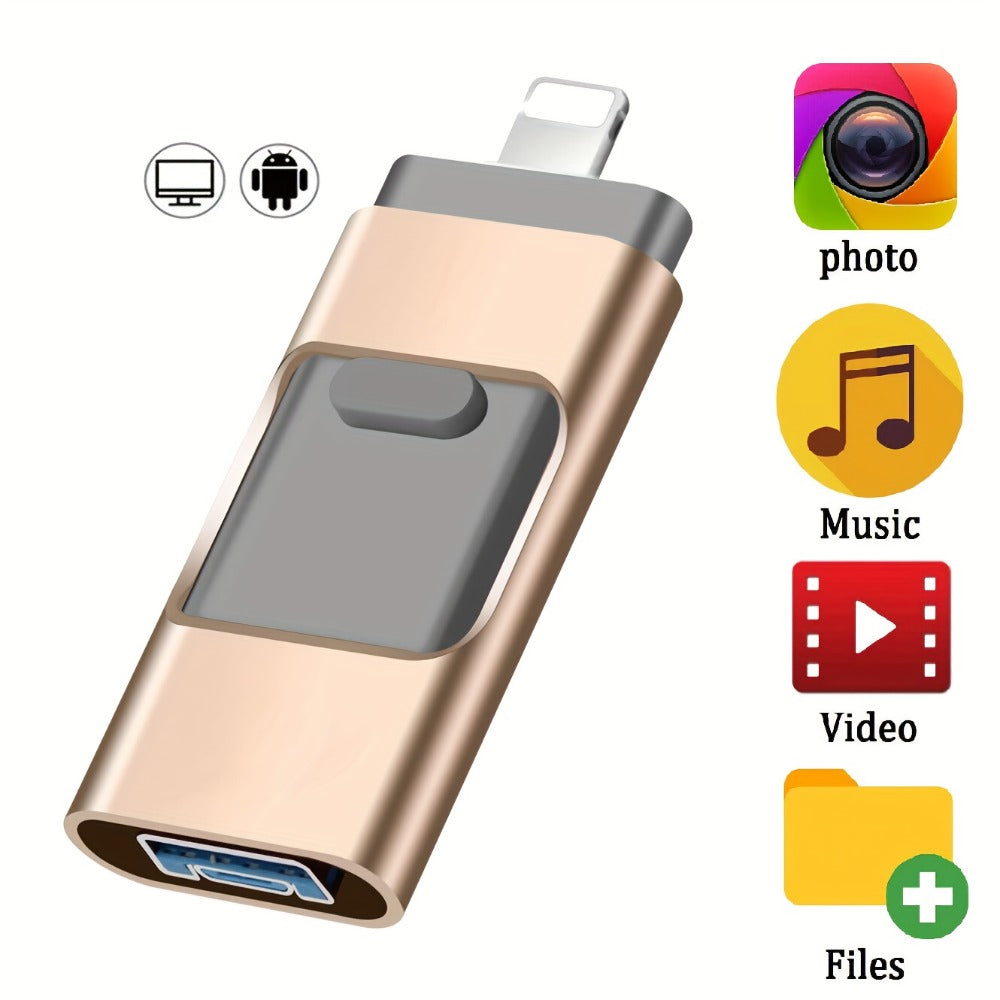 4-in-1 Flash Drive for iPhone iPad Android Type-C PC – OTG USB 3.0 Photo Stick 128GB 256GB Memory Stick Thumb Drive, Lightning Micro USB USB-C USB-A, Golden Silver Pink Black