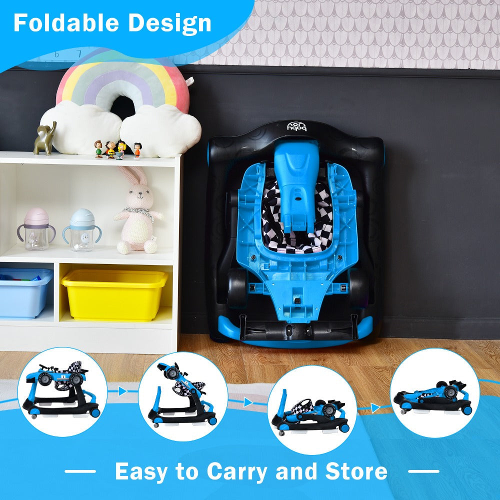 4-in-1 Foldable Baby Walker with Activity Toy Tray & Adjustable Height – Sit-to-Stand Push Walker for Infants & Toddlers, Removable Washable Seat Pad, Safe Learning Walker Baby Gift (Blue)