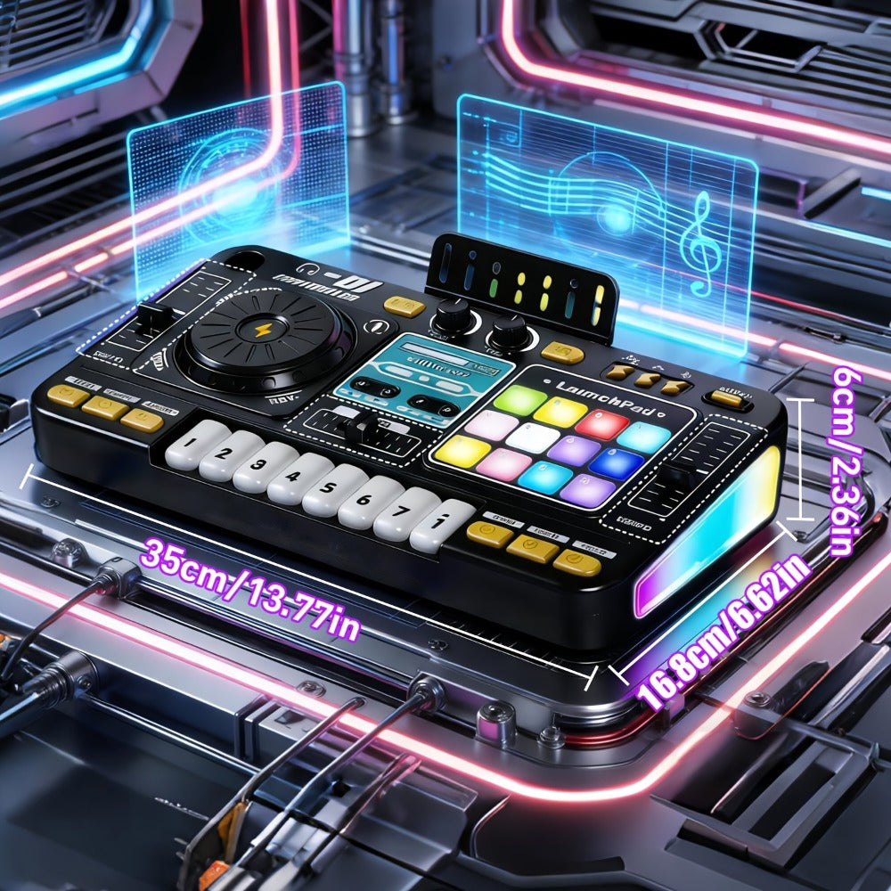 Kids DJ Mixer Toy in Black with LED Lights, Microphone and Piano Keys