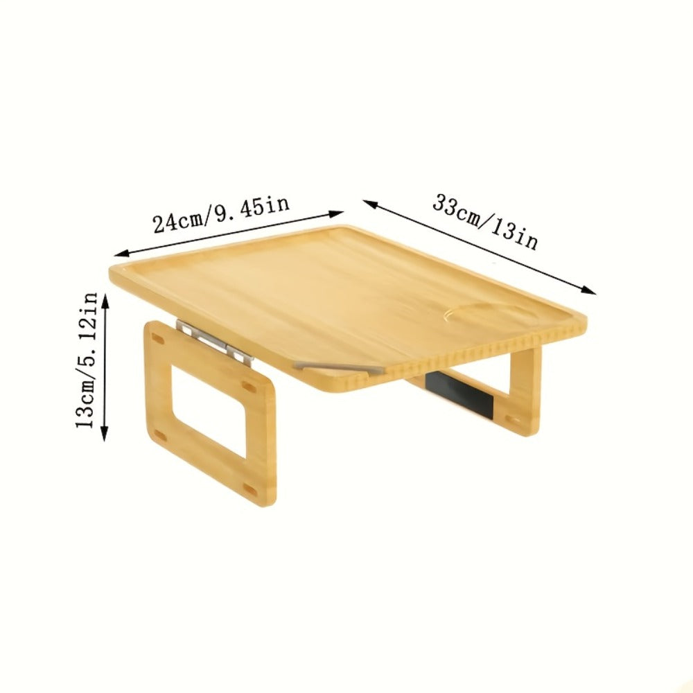 Bamboo Sofa Arm Tray with Folding Legs – Clip-On Couch Armrest Table for Snacks Drinks Remote Control Living Room Bedroom Breakfast Tray Natural Rectangular