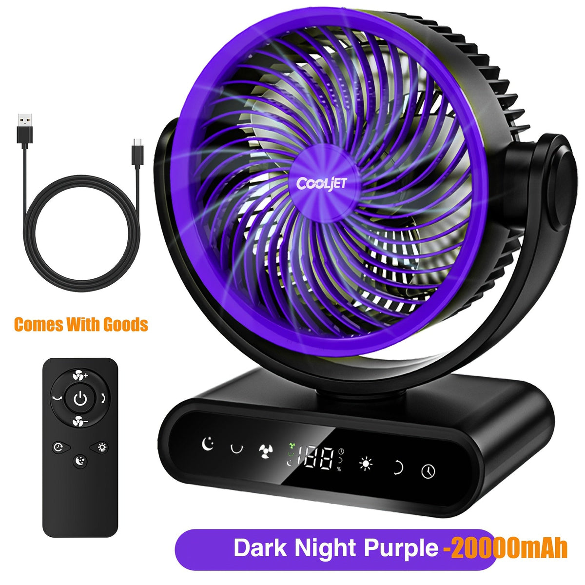 Camping Fan with LED Light Battery Powered 20000mAh 40000mAh 9-Inch 5-Speed Remote Control 90° Tilt 120° Oscillating Quiet Air Circulator for Outdoor Home