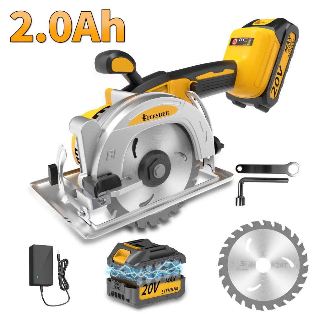 Brushless Circular Saw 5-Inch Kit 6900RPM with Battery & Charger – 45° Bevel Cut, Up to 6 Saw Blades, 2.0AH / 4.0AH Battery Options, Cordless Woodworking Saw for Wood Cutting, Garden & DIY Projects