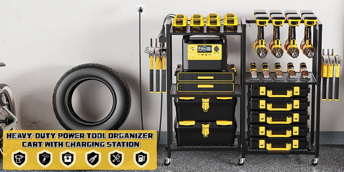 Mobile Tool Cart with Charging Station – 12 Drill Holders & 5 Storage Shelves Power Tool Organizer | Rolling Utility Rack Toolbox with Battery Charging Power Strip for Garage & Workshop | 4 Colors