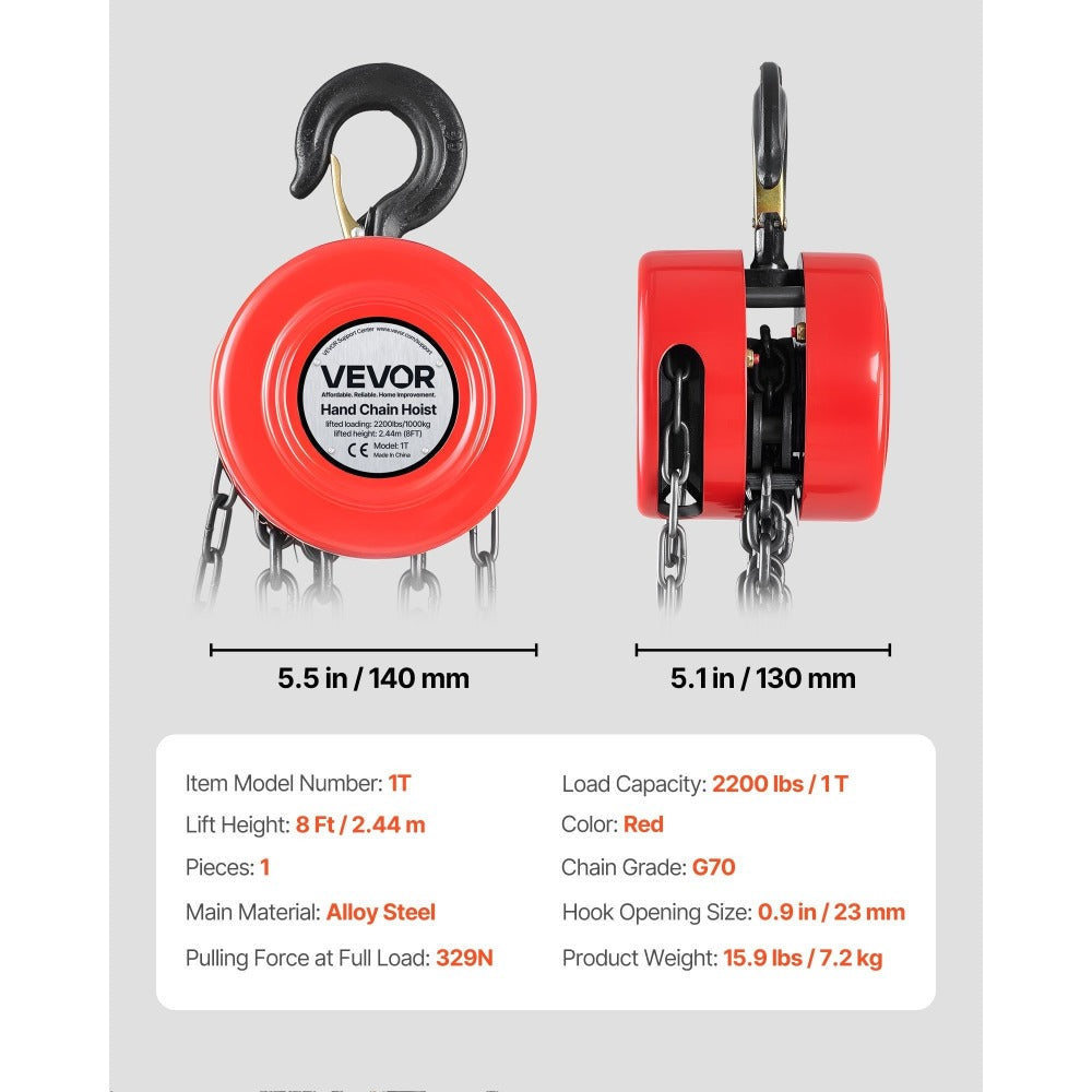 Hand Chain Hoist 2200 lb / 4400 lb Manual Chain Block with G70 Chain – 8 ft / 10 ft / 20 ft Lift Height, 360° Rotating Hooks, Security Brake, for Garage, Construction & Warehouse Lifting