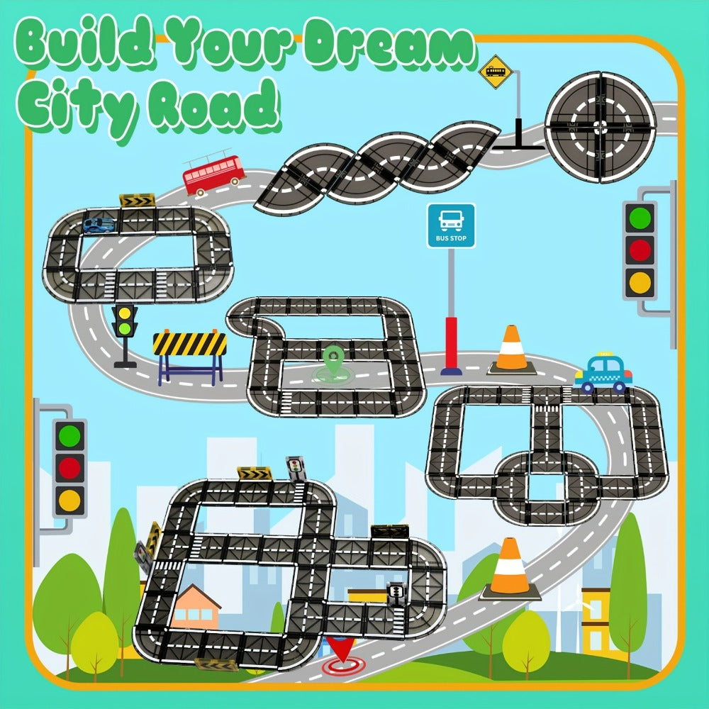 Magnetic Road Track Set 44 Pcs, Flexible Road Builder Tiles with Pull-Back Cars