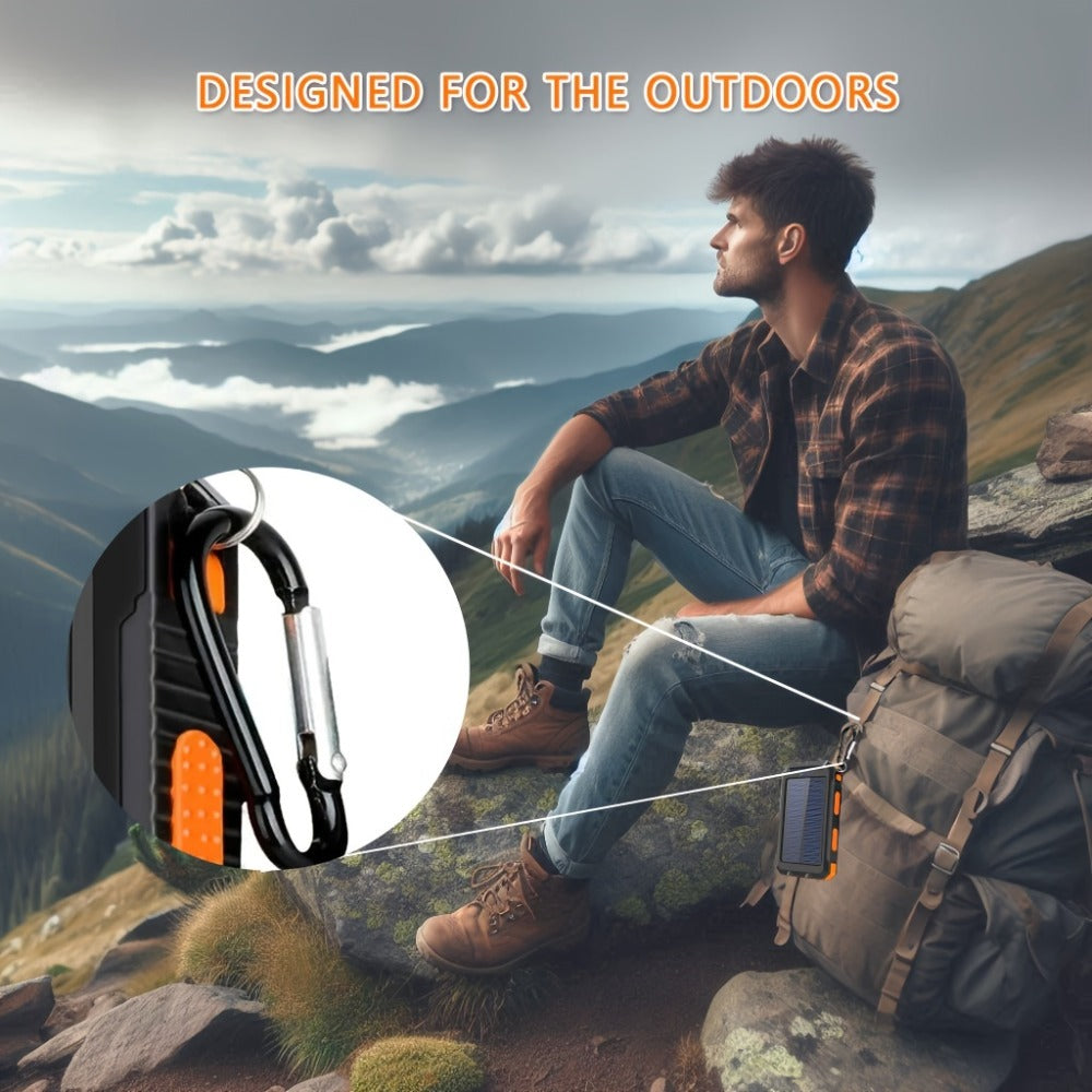 20000mAh Solar Power Bank with Built-In Flashlight & Compass – Dual USB Portable Charger for Camping Hiking Emergency Survival Outdoor Use, Compatible with All Mobile Devices, iPhone Android Samsung