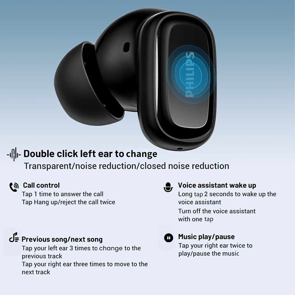 Philips TAT2569 Active Noise Reduction Wireless Earbuds, Dual Beamforming Mics 18H Playtime Bluetooth 5.4, Touch Control Secure Sport Fit Type-C Charging, Compatible with iPhone Android, Gift for Men Women
