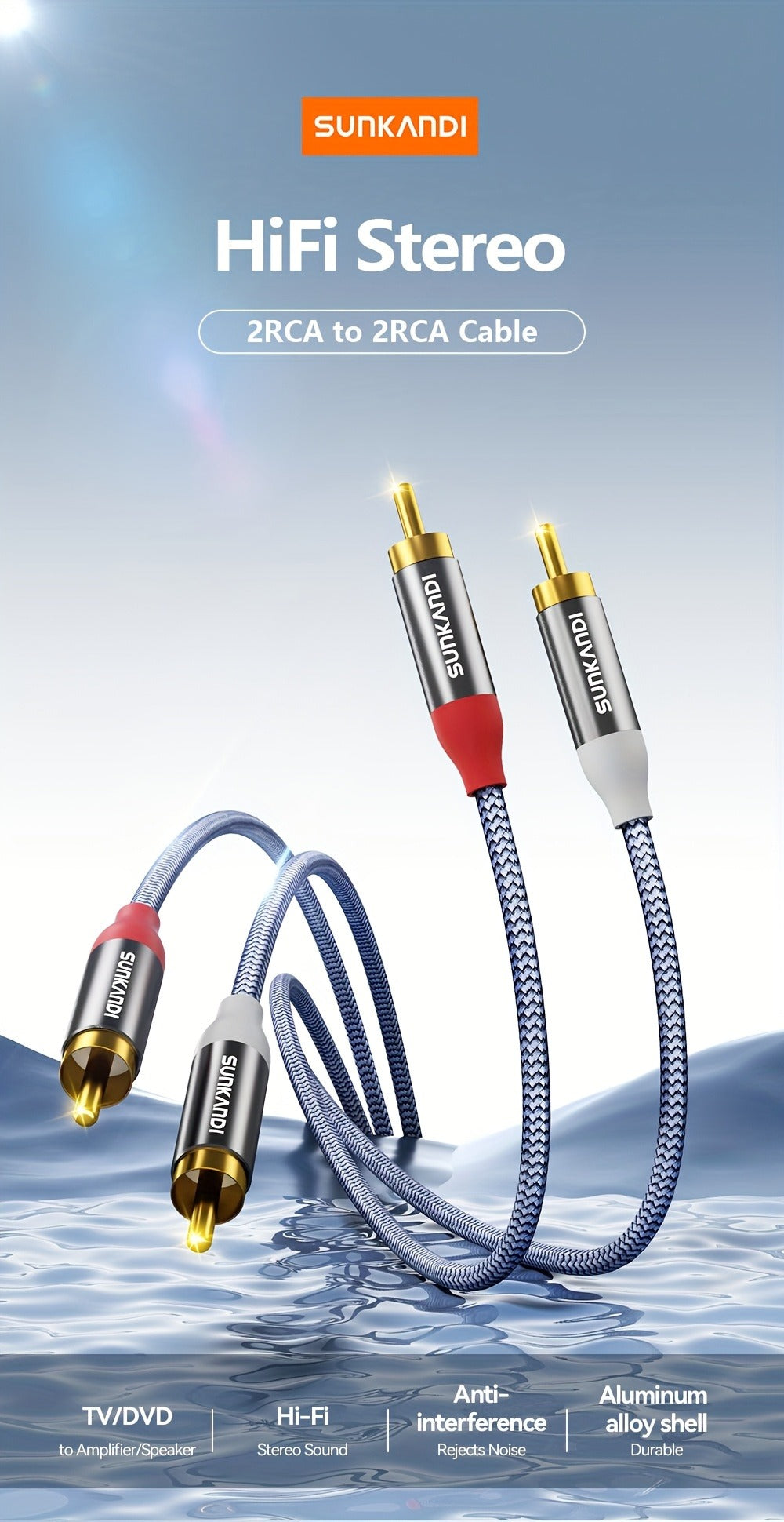 Gold-Plated 2RCA to 2RCA Stereo Audio Cable High-Fidelity Sound for Home Theater HDTV Gaming Consoles Hi-Fi Systems Amplifiers DVD Players Stylish Gold Connectors Lossless Audio Transmission