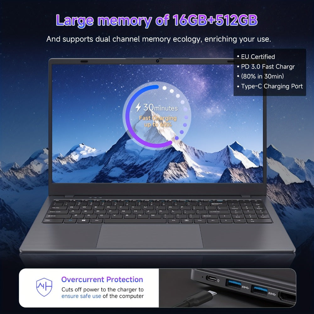 15.6 Inch Ultra-Thin Laptop, Intel Pentium 6500Y, 8GB RAM 256GB SSD, 4K Dual-Screen Support, Quad Stereo Speakers, Type-C PD Fast Charging – Lightweight Office & Entertainment Notebook PC