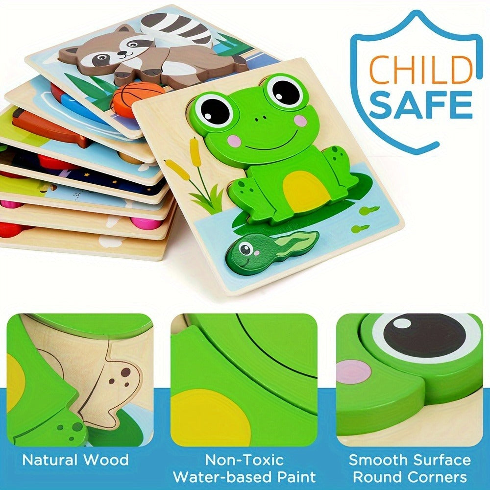 Wooden Animal Puzzles for Toddlers 12 Months+, 8-Pack with Bear, Bunny, Owl, Duck & More