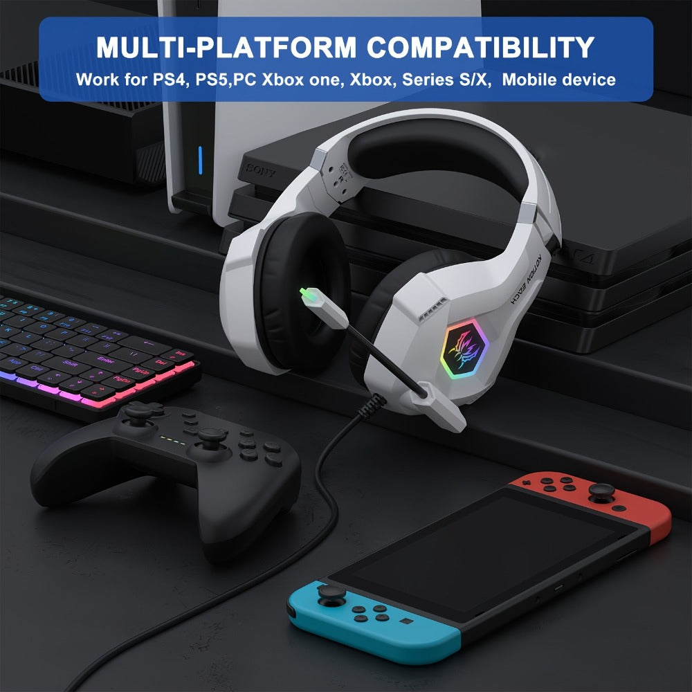 GS450 Gaming Headset Surround Stereo with LED Lights & Soft Memory Earmuffs – Noise Cancelling Mic Over-Ear Headphones for PS5 PS4 Xbox One Switch PC Mac Computer Games