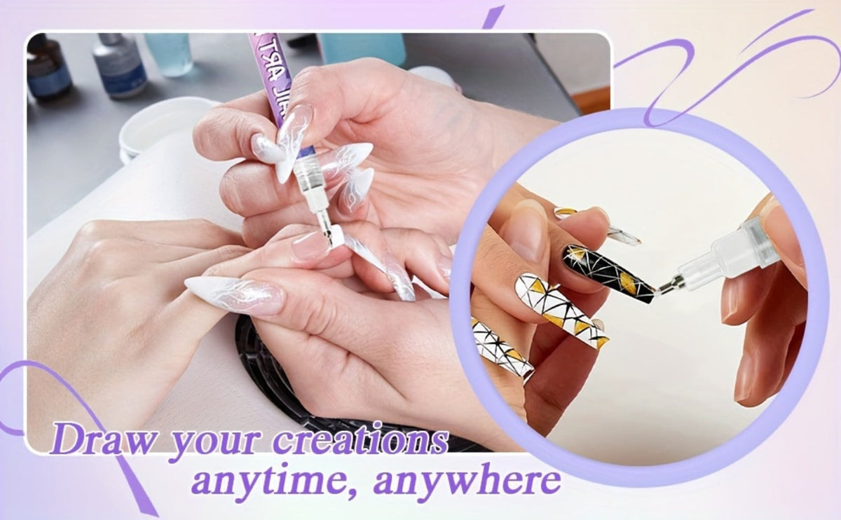 Metal Rod Nylon Brush Nail Art Pen Set 12 Colors - Acrylic Paint Pens for 3D Doodle Dot & Stitching Nail Design, Quick-Dry Long-Lasting Detail Tools for Home & Salon, Beginner Gift