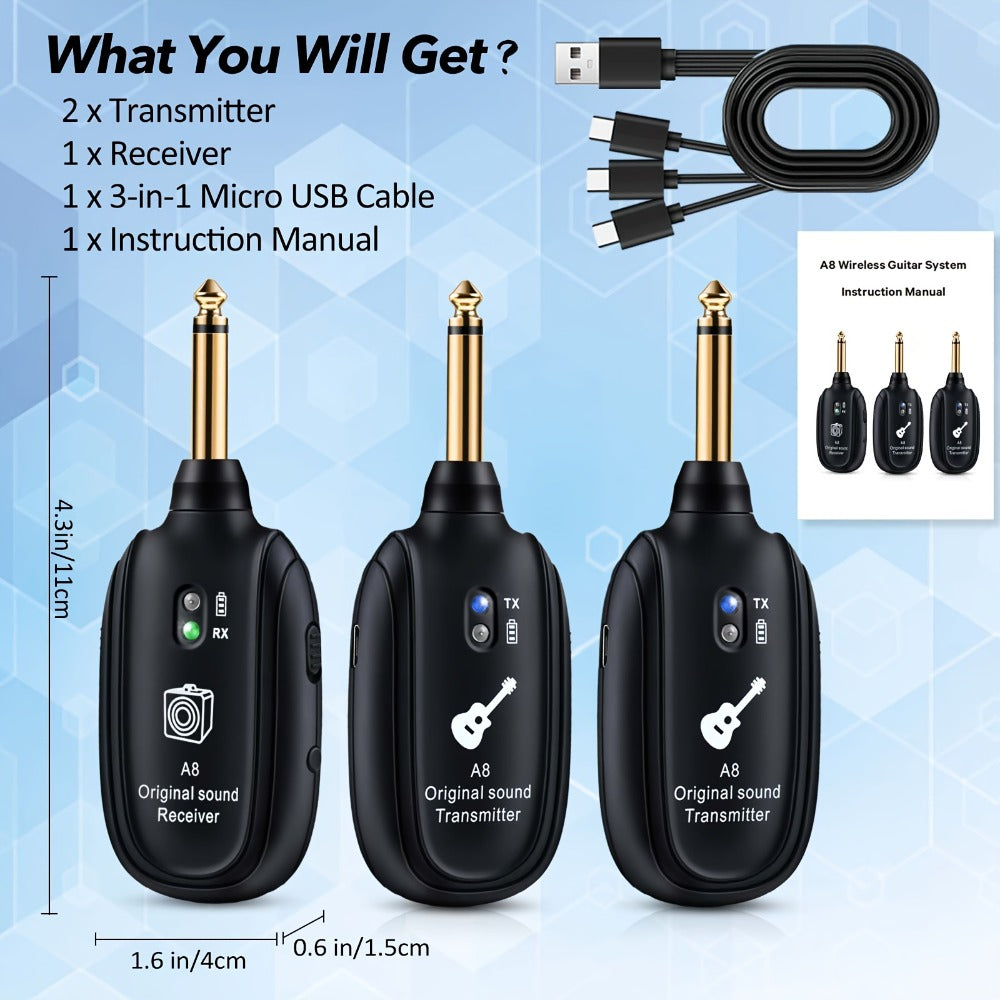 UHF Wireless Guitar System 100ft Range - Plug & Play, Noise-Free Transmission, 2 Transmitters & Receiver, Compatible with Electric Guitar Bass Violin Keyboard, Live Performance Stage Music Gear