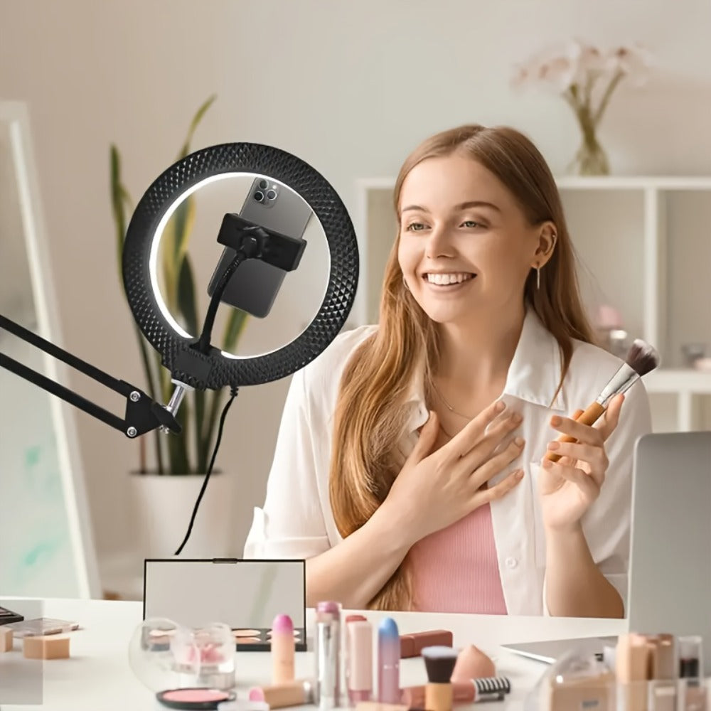 LED Ring Light with Phone Holder USB Powered, 3 Color Modes Adjustable Brightness, Clip-On Selfie Ring Light for Video Recording Live Streaming Makeup Zoom Calls TikTok