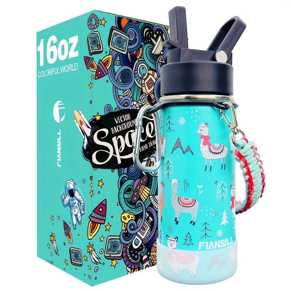 Kids Insulated Water Bottle 16oz with 3D Print Design - Stainless Steel Vacuum Flask, Leak-Proof BPA-Free, One-Hand Lid, Woven Strap & Carabiner, Perfect Student Gift for Boys & Girls, 8 Fun Styles
