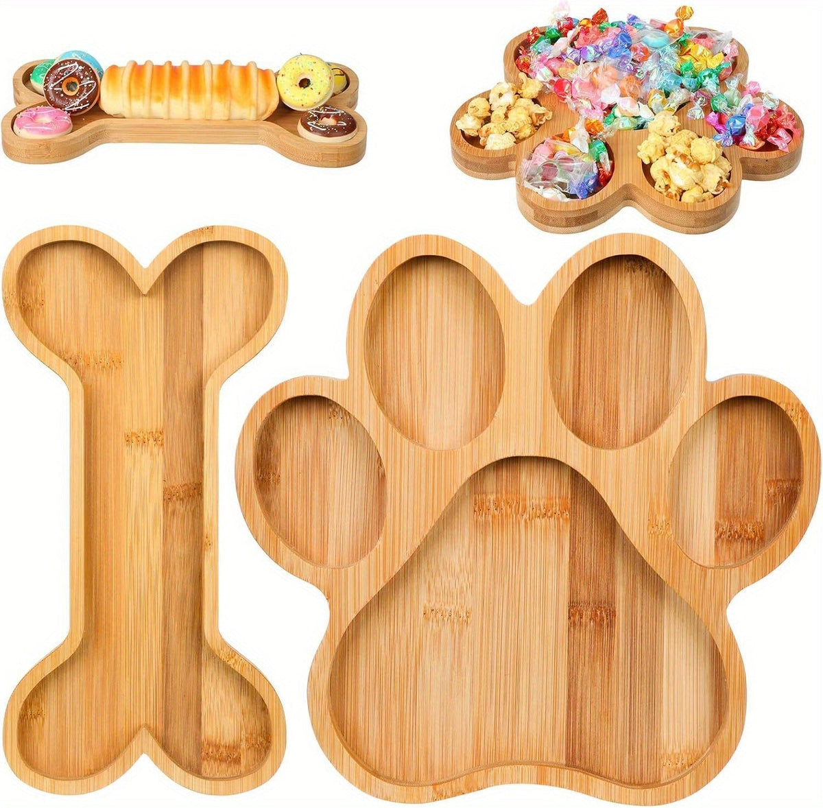 Bamboo Pet Food Bowl Set – Paw & Bone Shaped Wooden Serving Tray with 5-Compartment Snack Platter, Natural Charcuterie Board for Dogs & Cats, Party Candy Dish, 2 Pack