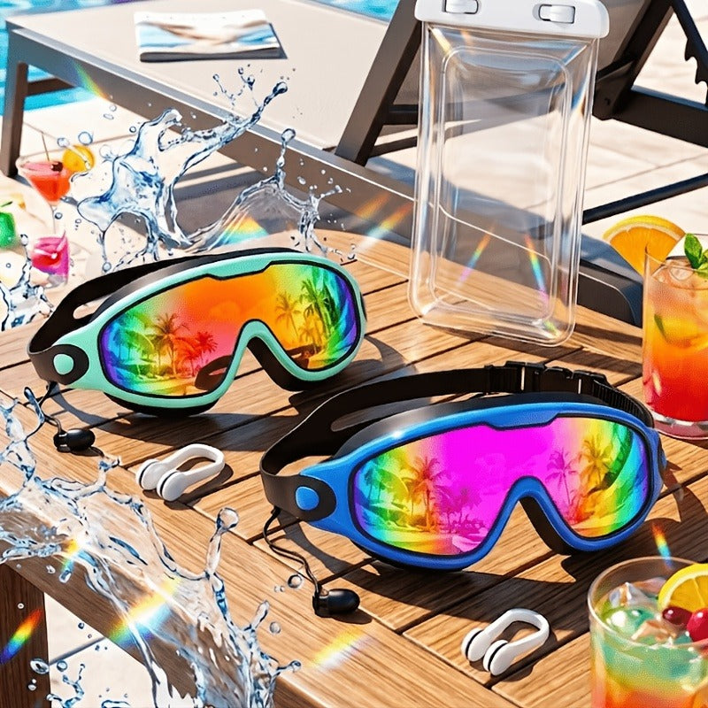 2 Pack HD Anti-Fog Swim Goggles – Leak-Proof Wide Vision, UV Protection Mirrored Lens, Comfortable Fit for Men Women Adults, with Earplugs Nose Clip Case & Waterproof Bag