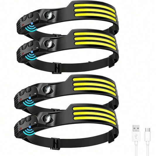 Motion Sensor LED Headlamp 4-Pack, USB Rechargeable with Adjustable Headband