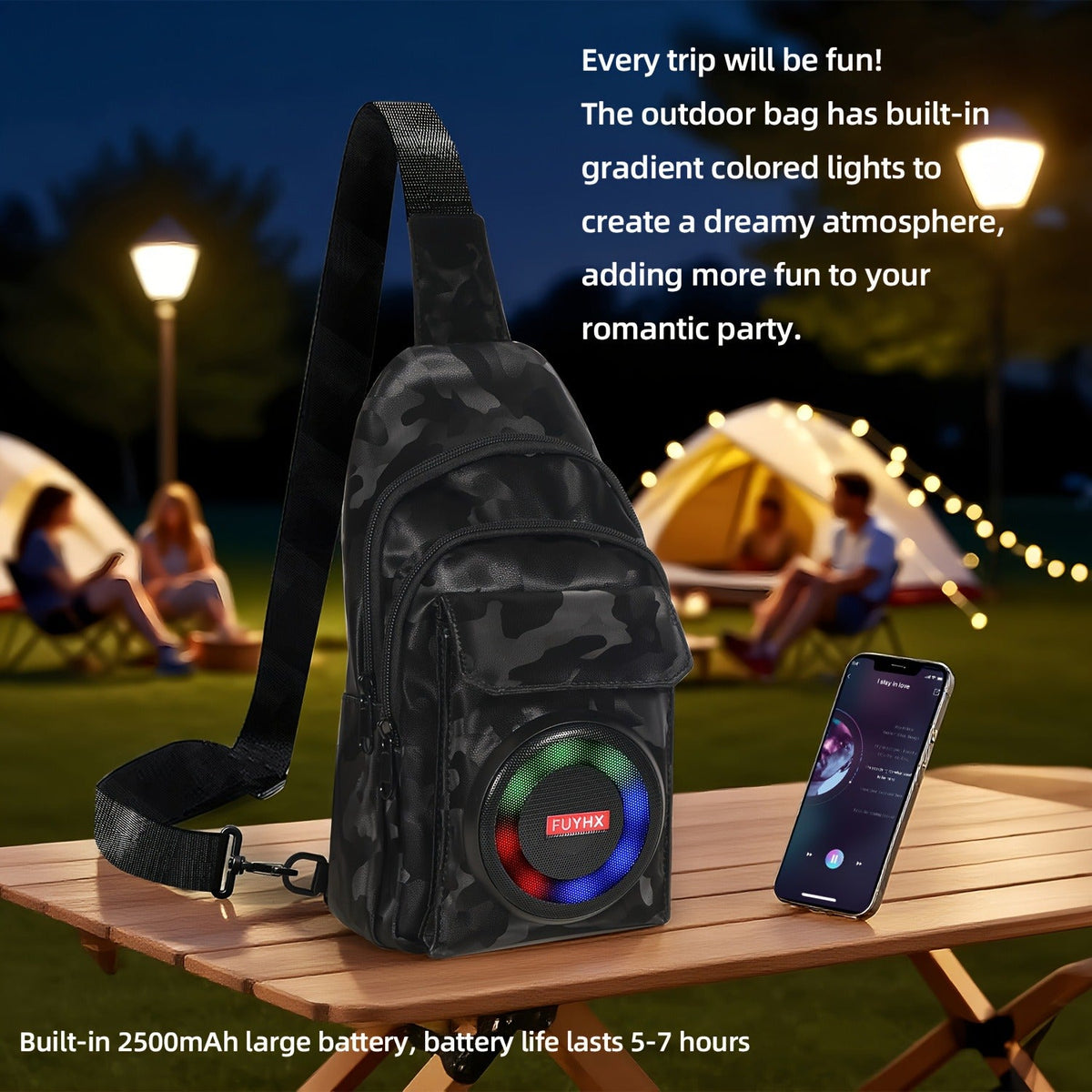 Speaker Backpack Outdoor Built-in Amplifier Sports Striped Backpack for Hiking Climbing Park Outdoor Adventures Travel Casual Daypack Matte Black