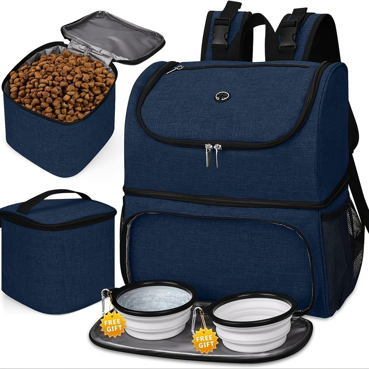 Pet Travel Backpack Double Layer Dog Cat Supplies Bag with 2 Collapsible Bowls 2 Food Baskets Portable Organizer for Outdoor Hiking Camping Road Trip