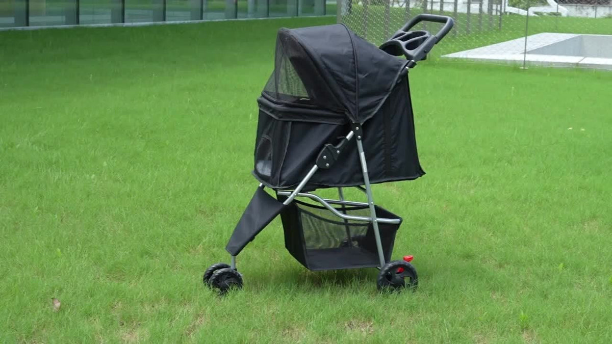 3-Wheel Pet Stroller for Small & Medium Dogs Cats - Foldable Jogger Stroller with Weather Cover, Storage Basket & Cup Holder, Breathable Mesh Window, All-Season Outdoor Walk Pram, Black