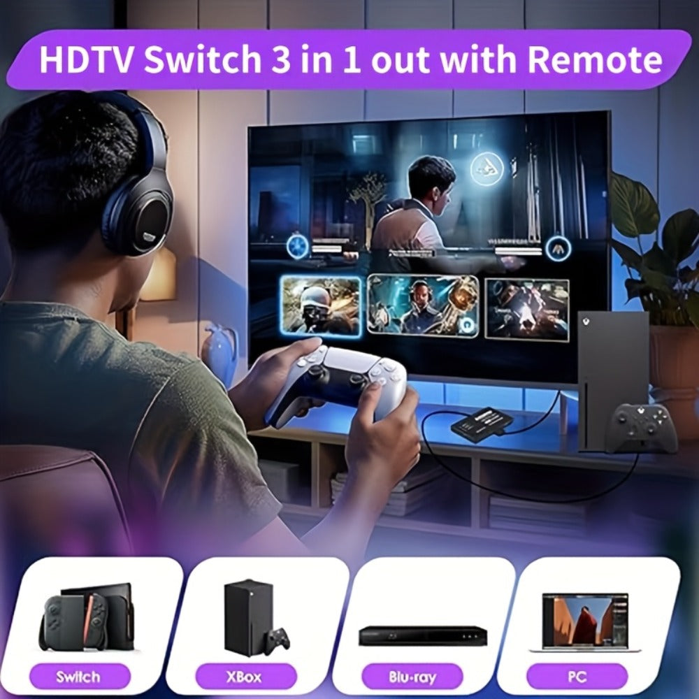 HDMI Switch 3 In 1 Out – 4K 1080P HD Video Switcher Splitter Hub, Adapter Converter for TV Box, Smart TV, HDTV, PC, Monitor & Gaming Console