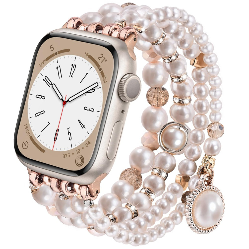 Pearl Watch Band for Apple Watch Series 11 10 9 8 7 6 5 4 3 2 1 SE Bling Jewelry Bracelet Strap Stainless Steel Buckle Elegant Women 38mm 40mm 41mm 42mm 44mm 45mm 46mm 49mm Pearl White Sakura Pink Akoya Champagne Gold