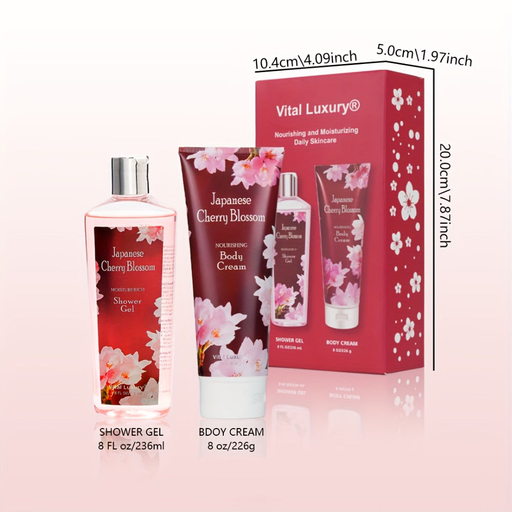 Cherry Blossom Body Wash Set for Women 8oz – Moisturizing Body Cream & Shower Gel Gift Set Light Non-Sticky Long-Lasting Floral Scent All Skin Types Valentine's Day Mother's Day Birthday Gift
