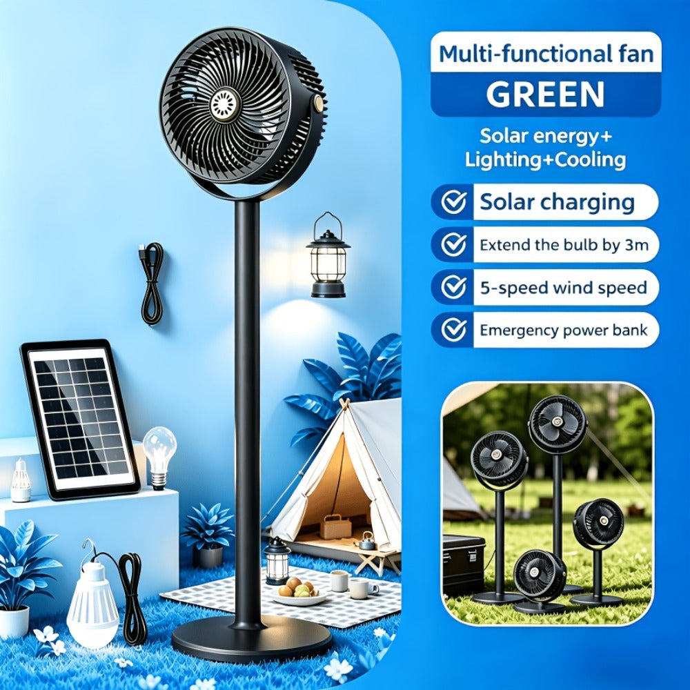 Solar Floor Fan 33-Inch Rechargeable 4000mAh USB Standing Fan Power Bank 2-in-1 360° Tilt 5-Speed 4-Height Adjustable for Indoor Outdoor Courtyard RV Camping