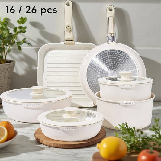 Detachable Handle Cookware Set, Stackable Non-Stick Pots and Pans in 16- or 26-Piece Options