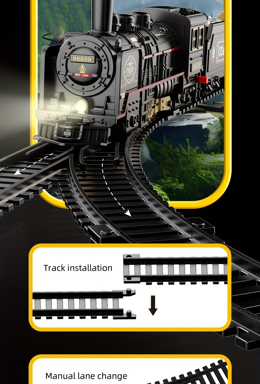 Battery Operated Steam Engine Train Toy Set with Tracks – Electric Locomotive Model for Kids Boys Girls Ages 3+, Classic Black Train, Birthday Christmas Halloween Gift