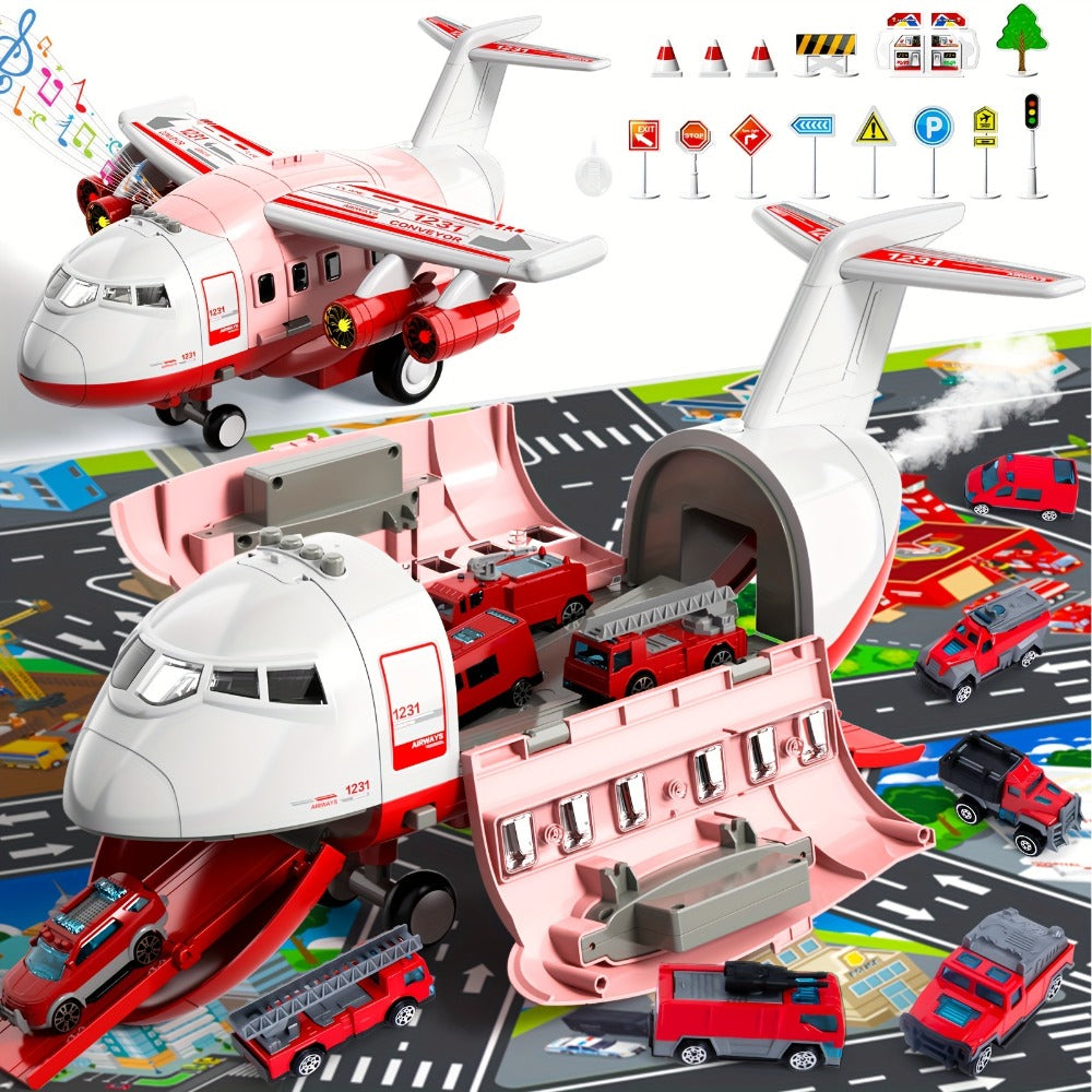 Transport Cargo Airplane Toy for Kids – Jumbo Plane with 10 Mini Cars & Spray Mist