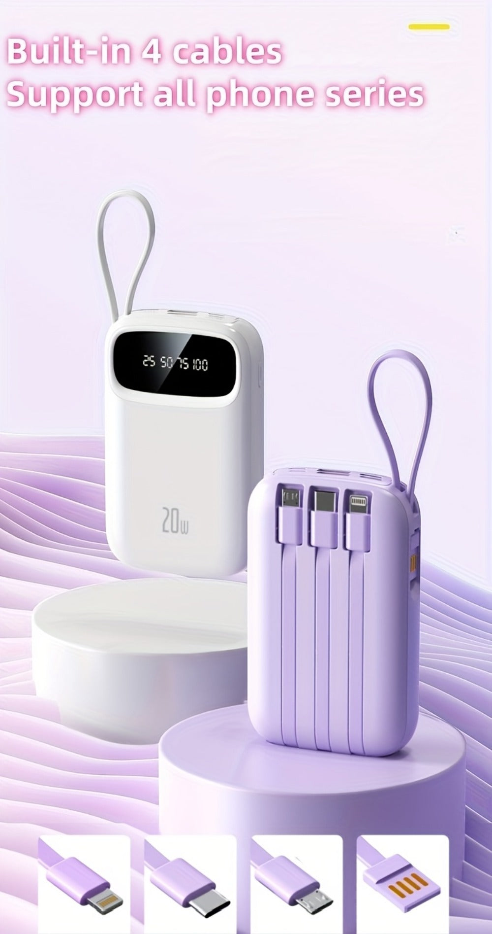 Portable Charger 10000mAh with Built-In 3 Cables Lightning USB-C Micro-USB 22.5W Super Fast Charging Cute Cartoon Mini Power Bank for iPhone Android Travel Backup Battery – Purple Black Red White