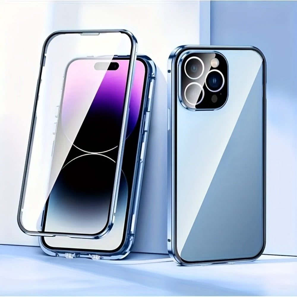 Clear Back Privacy iPhone Case with Metal Frame & Magnetic Double-Sided Tempered Glass – Anti-Peep Anti-Spy Transparent Cover for iPhone 12 13 14 15 16 Pro Max Plus, Wireless Charging Compatible