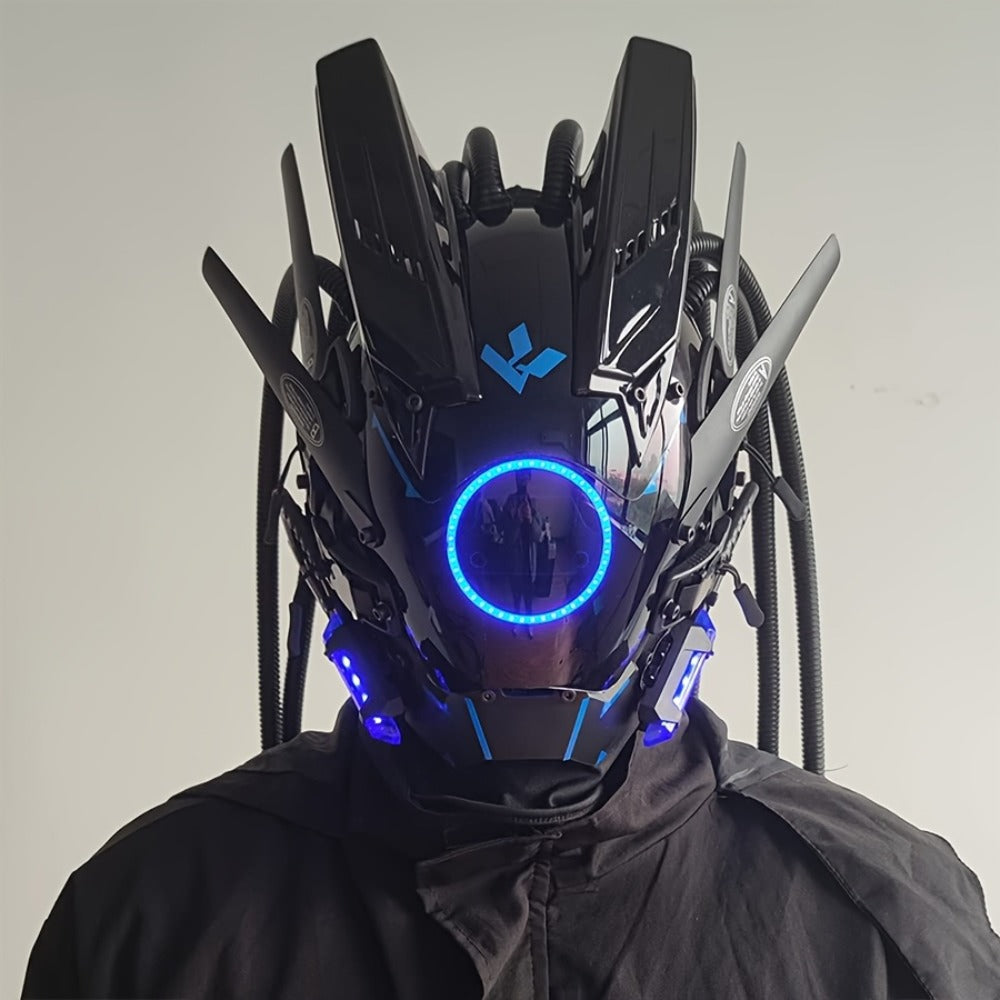 LED Cyberpunk Samurai Mask with Braids – Futuristic Sci-Fi Mechanical Face Mask for Halloween, Cosplay, Music Festival & Rave Party, Blue Green Pink, Free Helmet Included, Adult Gift