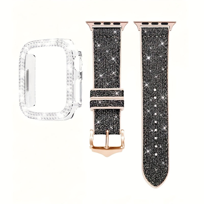 Apple Watch Band with Case Crystal Rhinestone Bling, Chameleon Color-Shift Strap + Shockproof Hard PC Cover, Compatible with Apple Watch Series 1-9 SE Ultra 38mm to 49mm S10 – Rose Gold Black Silver Women