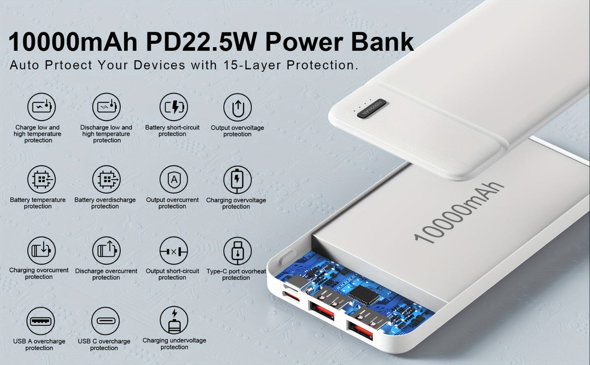 10000mAh Slim Power Bank PD 22.5W Super Fast Charging – Dual USB-A Output, 20W USB-C Input/Output, Lightweight Travel Portable Charger for Smartphones, Tablets & Heated Clothes, Gift for Men & Women