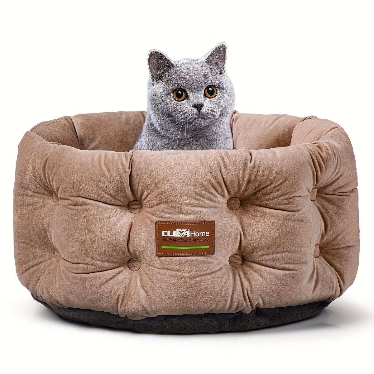 Cat Bed Round Deep Nest for Indoor Cats up to 15lbs, Luxurious Velvet Feel Extra High Sides, Machine Washable Non-Slip Bottom, Cozy Donut Cat Bed 20x20 in Steel Blue & Warm Beige