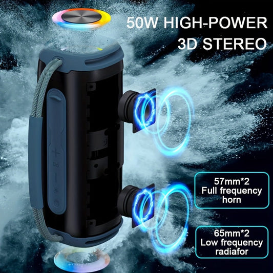 50W Bluetooth Speaker IPX6 Waterproof with LED Lights, Portable Wireless Speaker Rich Bass FM Radio USB TF Card Playback, Loud Outdoor Speaker for Parties Camping Beach Home