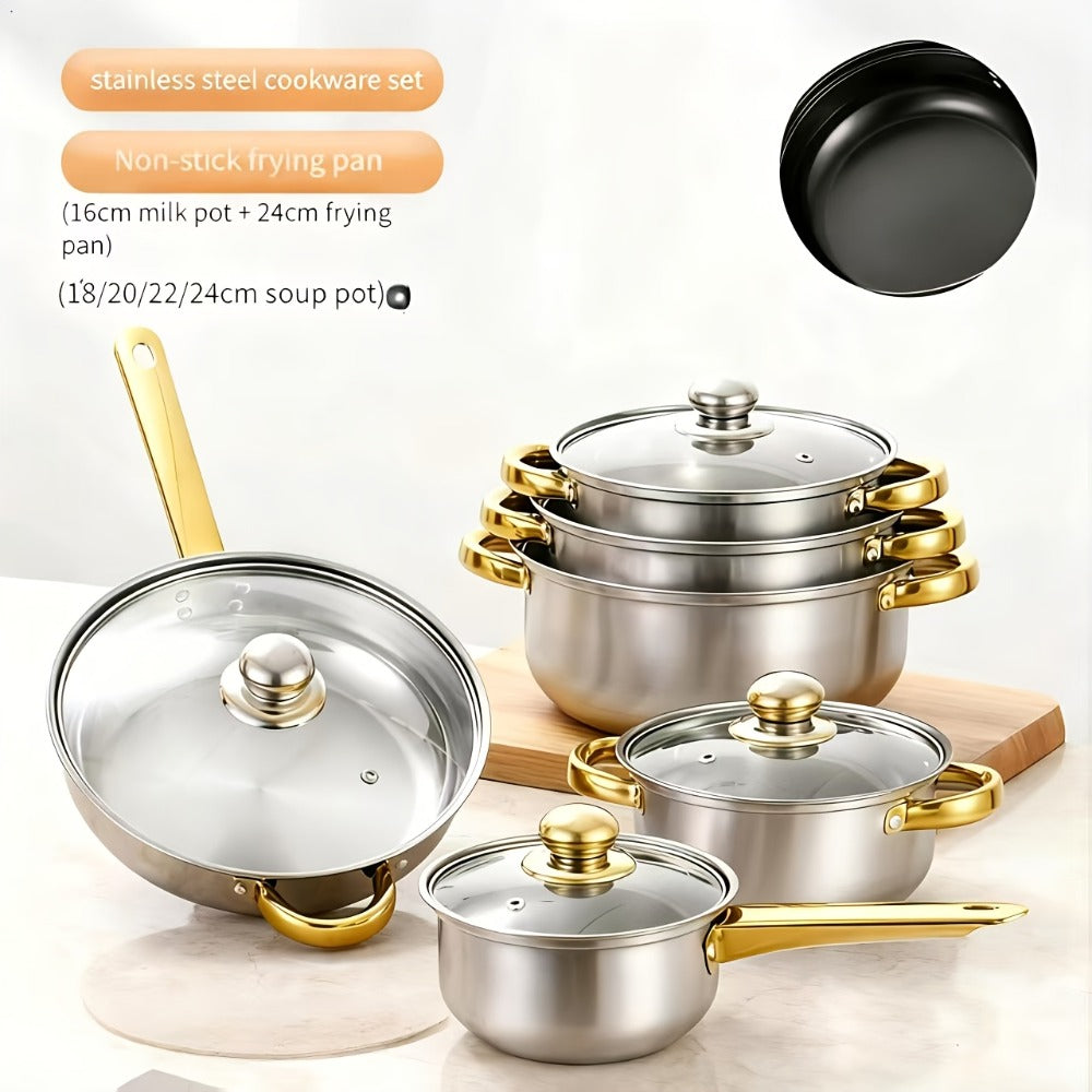 Stainless Steel Non-Stick Cookware Set 1 11 & 13 Piece – Non-Toxic Dishwasher & Oven Safe Kitchen Cooking Set | Frying Boiling Stir-Fry Pots and Pans | Golden Silver Pink Orange Home & Catering