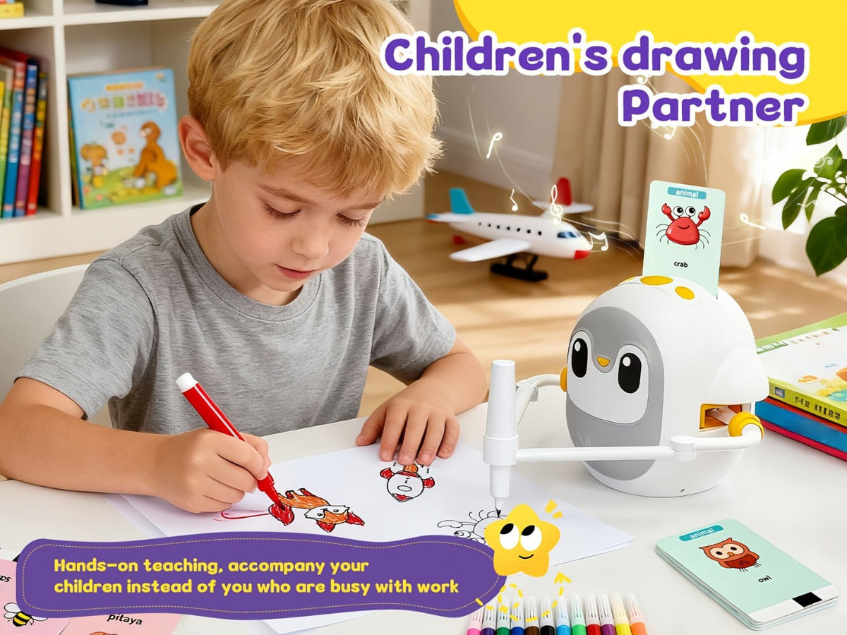 Drawing Robot for Kids Penguin, 200 Learning Cards & 12 Color Pens, STEM Art Educational Toy, Screen-Free Interactive Drawing Game, Step-by-Step Lessons for Boys & Girls Ages 3+, USB Charging, Birthday Gift