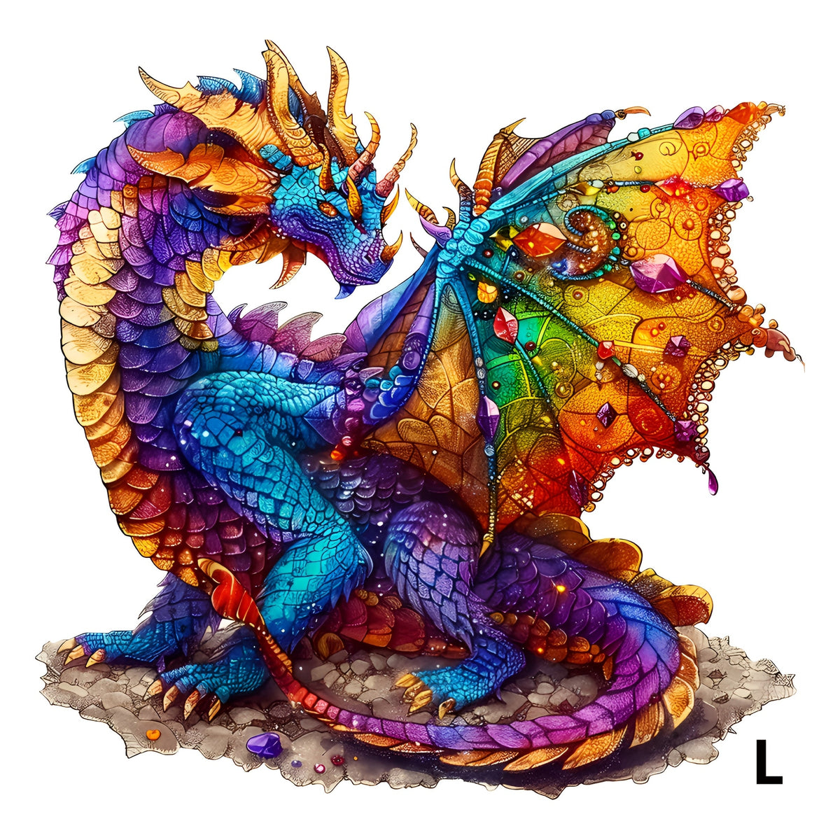 Dragon Wooden Jigsaw Puzzle Gemstone Fantasy – Colorful Irregular Animal Shaped Pieces, Unique Non-Repetitive Plywood Brain Teaser, 2 Sizes S & L, Wall Art Home Decor, Birthday Christmas Gift for Adults Teens