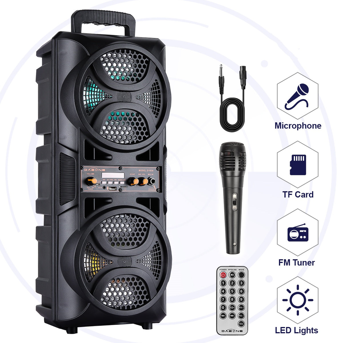 Portable PA Speaker with Dual Woofer & Disco LED Lights - Bluetooth Subwoofer, FM Radio, AUX USB Mic Guitar Input, Wired Microphone & Remote Control, 1800mAh Battery, Indoor Outdoor Party